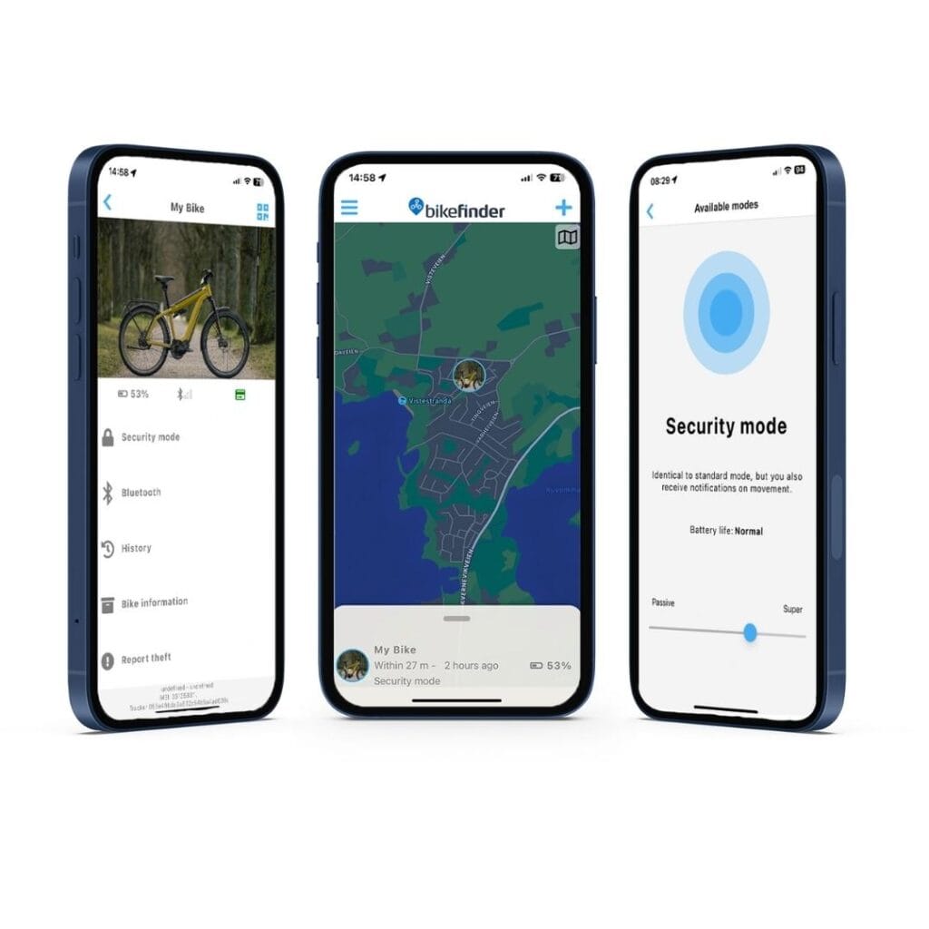 3 phones besides eachother showing different screenshots of the bikefinder app.