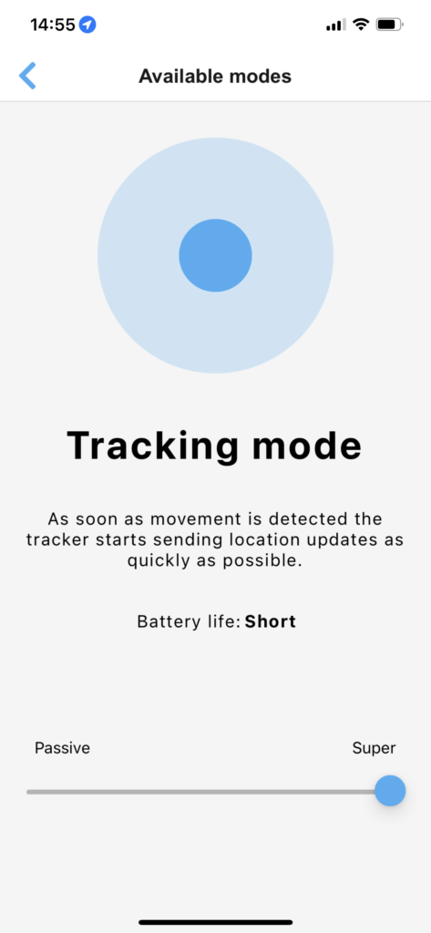 BikeFinder app showing "Tracking mode"