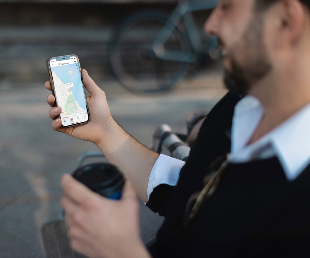 BikeFinder app som viser sykkelens posisjon på kartet – avansert sporing med GPS, Wi-Fi og Bluetooth for trygghet og tyveribeskyttelse